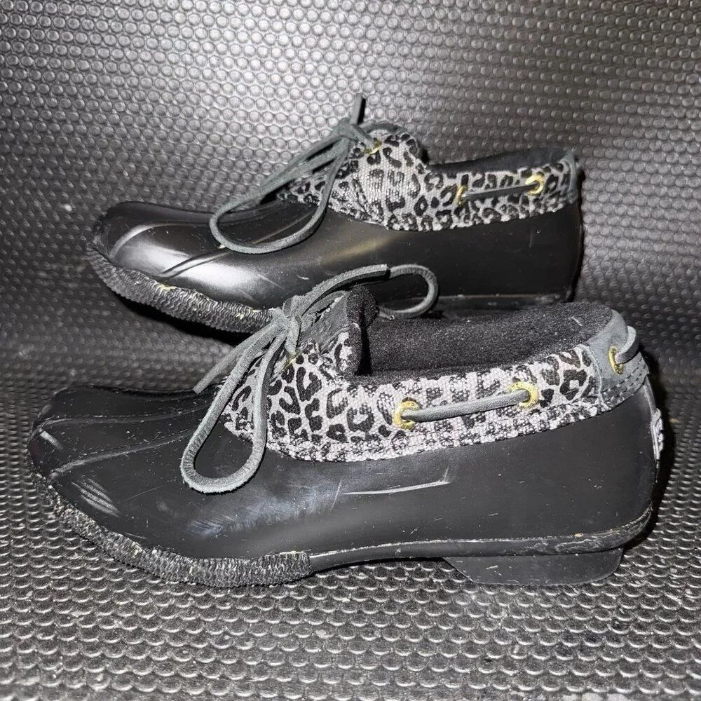 Sperry Saltwater 1-Eye Cozy Rain Duck Boot Black Cheetah Print Shoe Women Size 8